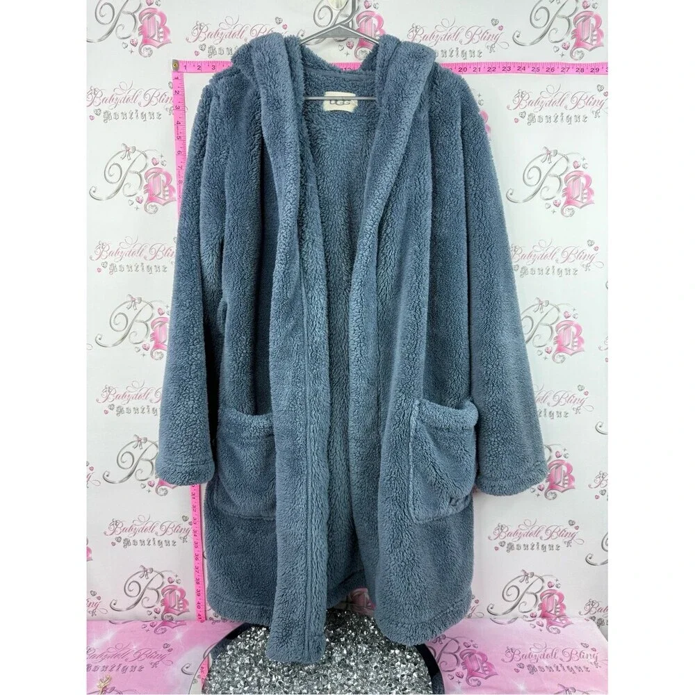 UGG robe blue soft fleece thick pockets  Hooded Plush Robe in Slate Blue